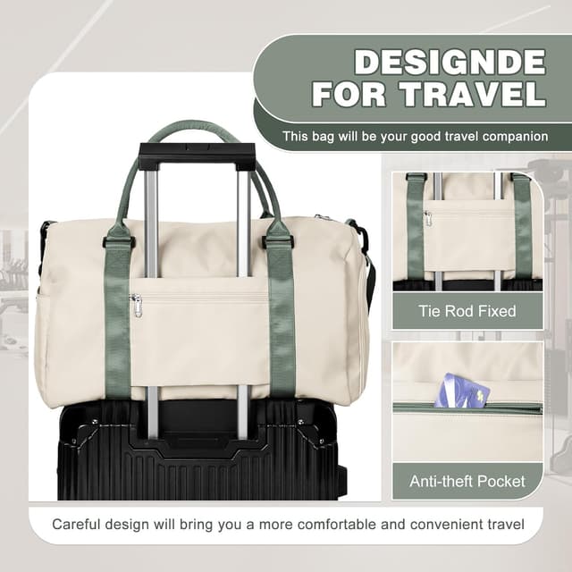 Detalle de WEPLAN Sport-Duffel-Tasche mit Schuhfach & Nassfach (Handgepäck/Weekender) – Beige mit Grün