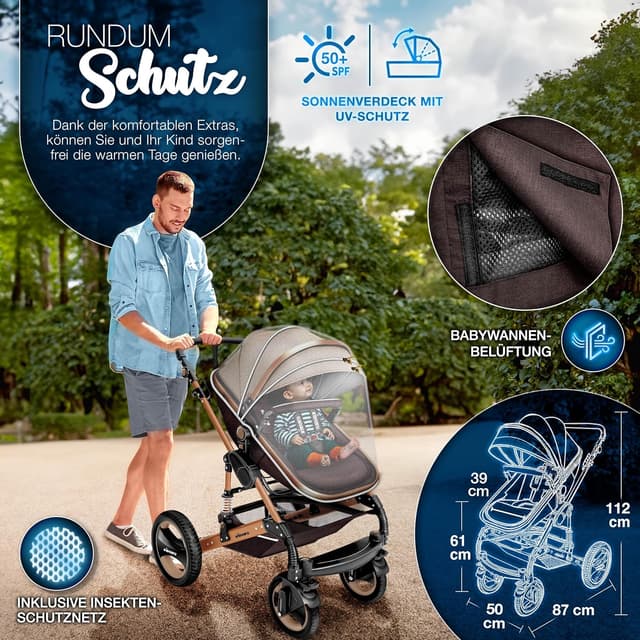 Detalle de KIDUKU 3-in-1 Kinderwagen-Set XXL mit Babywanne, Sportsitz, Buggy-Anpassung & Babyschale