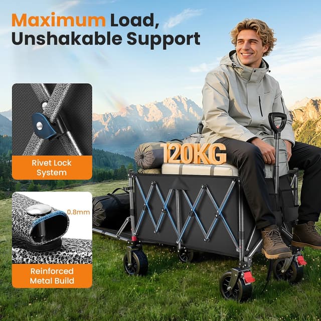 Thumbnail 2 de YEAUPE PRO faltbarer Bollerwagen mit Feststellbremse, All-Terrain 6-Zoll-Räder und klappbarer Heckklappe (150–240 L) – Schwarz