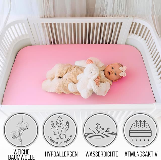 Detalle de Bisoo Spannbettlaken 50x95 / 50x100 (wasserdicht & atmungsaktiv) – Jersey Bettlaken für Babybett, Rosa