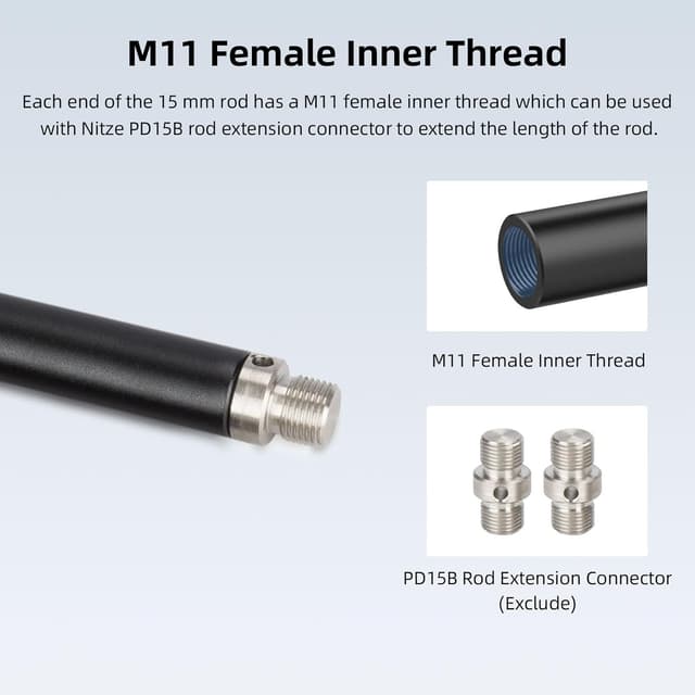 Detalle de Nitze 15mm Rod R15-400 (40 cm) aus eloxierter Aluminiumlegierung mit M11 Innengewinde – 2er-Set