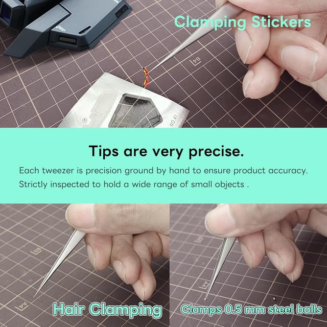 Detalle de Set 2 pinzette di precisione STEDI (punta dritta e punta curva) in acciaio inox per modellismo e parti in resina