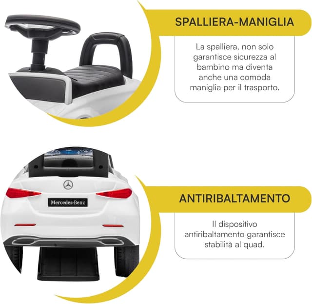 Detalle de Baroni Toys Mercedes Ride-On Macchinina Spingi e Vai per bambini 1-4 anni con luci LED, suoni realistici e ruote antiscivolo