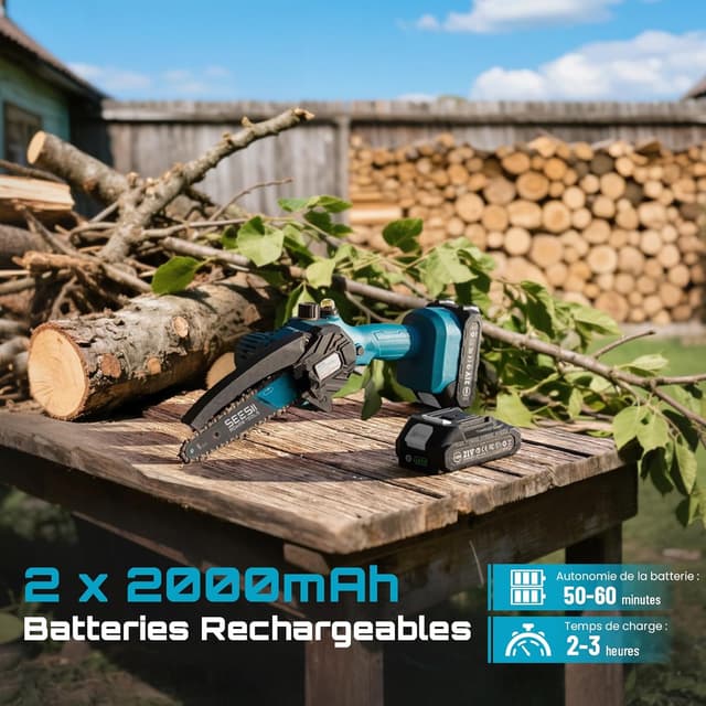 Thumbnail 1 de Seesii Mini tronçonneuse 6 pouces, 2 batteries