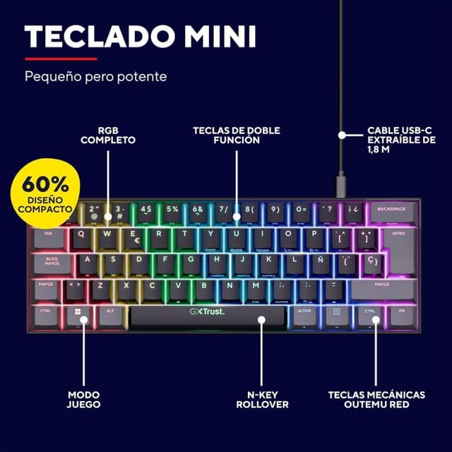 Thumbnail 1 de Trust GXT 867 Acira Teclado mecánico 60% RGB 60% 📱