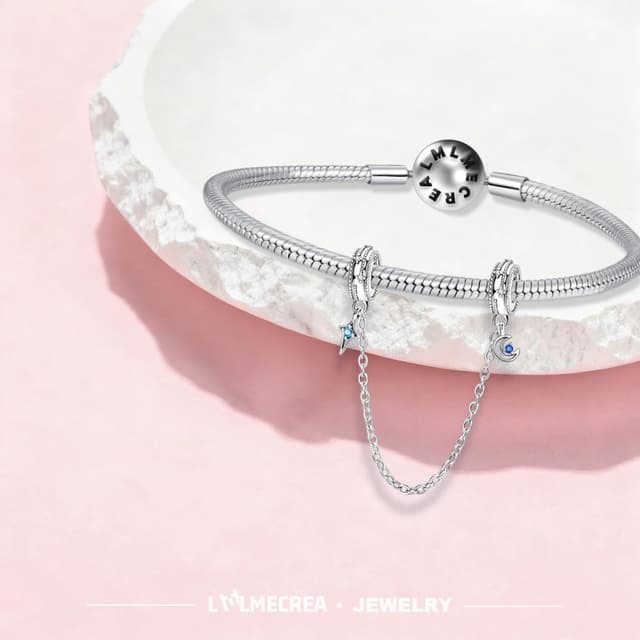 Detalle de LMLMECREA Damen Sicherheitskette aus 925 Silber für Charm-Armband (Stern & Mond)