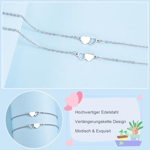 Detalle de VU100 Pulsera Madre e Hija de acero inoxidable 316L (2 piezas) con corazón y mensaje