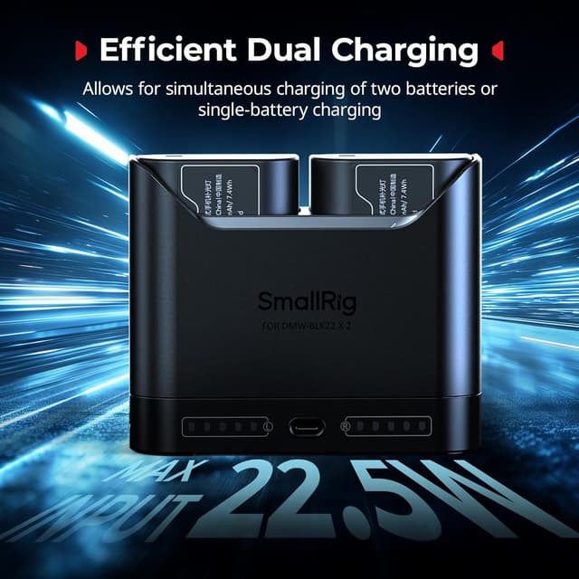 Detalle de SMALLRIG DMW-BLK22 Akkuladegerät für Panasonic – 2-fach Dual-Slot mit USB-C (22,5 W) für Lumix GH5/GH6/S-Serie