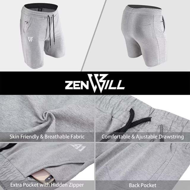 Detalle 2 de ZENWILL Mens Cotton Gym Shorts with Zip Pockets (drawstring, regular fit)
