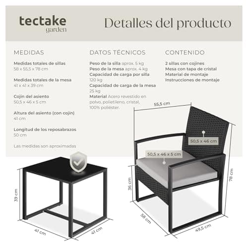 Detalle 2 de tectake TecTake conjunto de jardín exterior para 2 personas con 2 sillas de ratán y mesa con tablero de vidrio