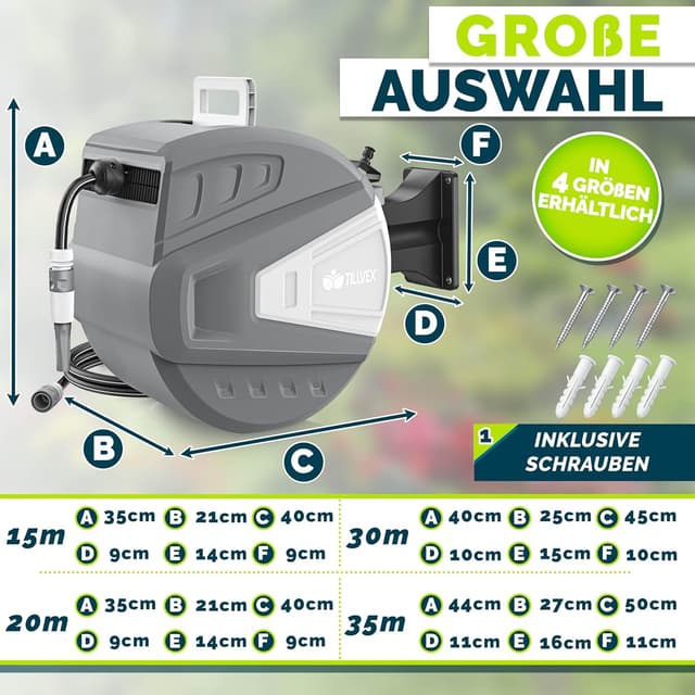 Detalle de tillvex Schlauchtrommel mit Wandhalterung, 180° schwenkbar, Handbrause & 30 m Schlauch (Grau)