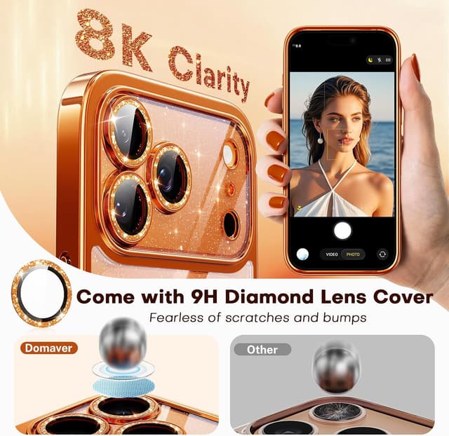 Detalle de Glitter for iPhone 17 Pro Max Case with Integrated Lens Protection, MagSafe-Compatible Sparkly Back Panel (Cosmic Orange)