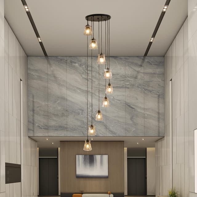 Detalle de FRIXCHUR High Ceiling Long 9-Light Black Crystal Pendant Chandelier for Stairwells & Double-Height Spaces