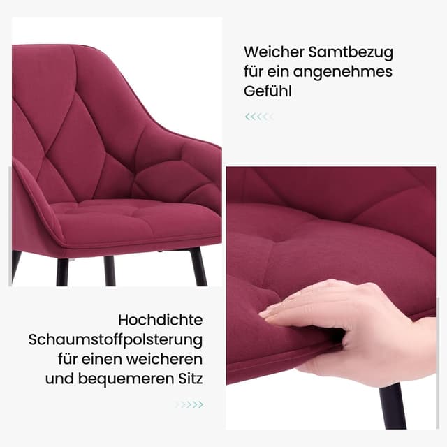 Detalle de WOLTU Esszimmerstühle im 2er-Set mit Armlehnen, Bordeaux – gepolsterte Samtsitzfläche