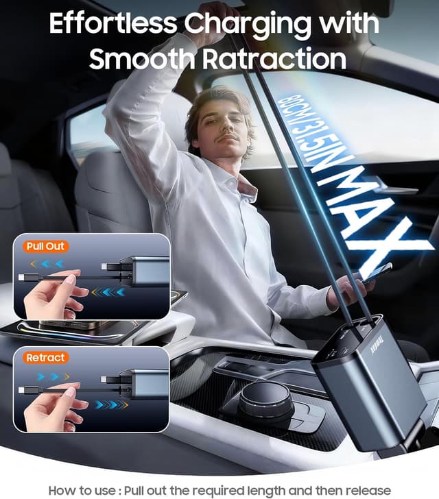 Detalle de Temdan 69W Retractable Car Charger 4‑Port