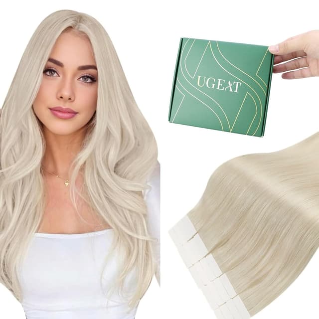 Detalle de Ugeat Tape-in Extensions Echthaar Blond (Platinblond) 55 cm, 50 g, 20 Stück – Remy, flache Tape-Strips