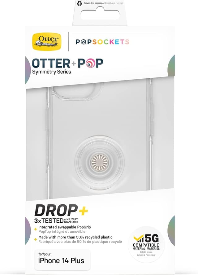 Detalle de OtterBox Otter+Pop Symmetry Clear per iPhone 14 Plus con PopGrip trasparente, testata MIL-STD 810G