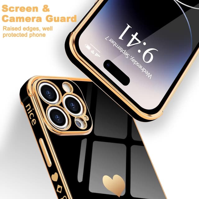 Detalle de Urarssa iPhone 14 Pro Case – Cute bling heart design black shockproof silicone bumper cover