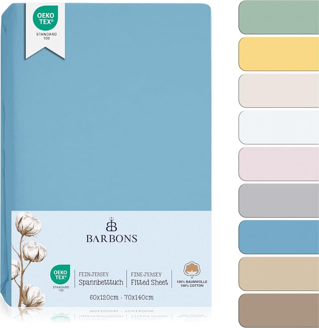 Detalle de Spannbettlaken für Baby- und Kinderbett aus 100% Jersey-Baumwolle (OEKO‑TEX Standard 100) – hellblau, 60x120/70x140 cm