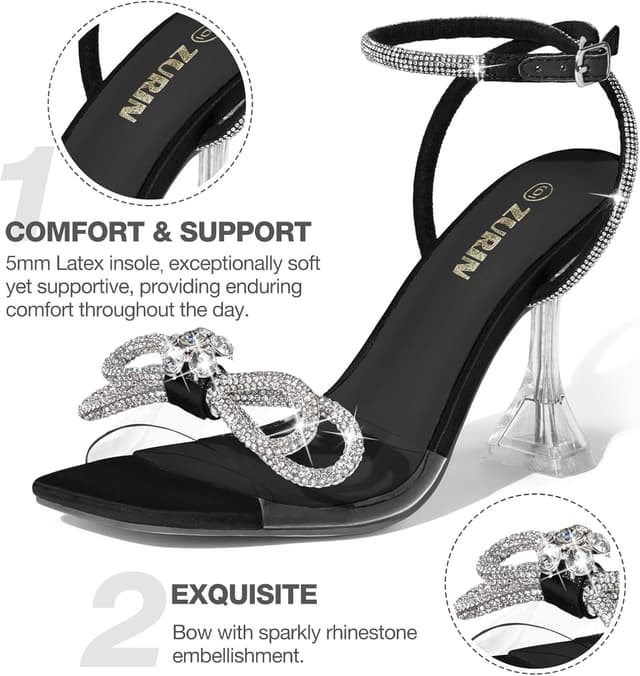 Detalle 2 de ZURIN Women's Rhinestone Bow Heels with Clear Slingback Straps and Square Toe