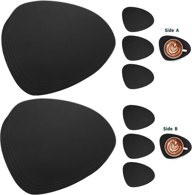 Detalle 2 de Myir JUN Tischsets aus Kunstleder (Schwarz) mit Untersetzern – abwaschbar, doppelseitig, rutschfest (6er-Set)