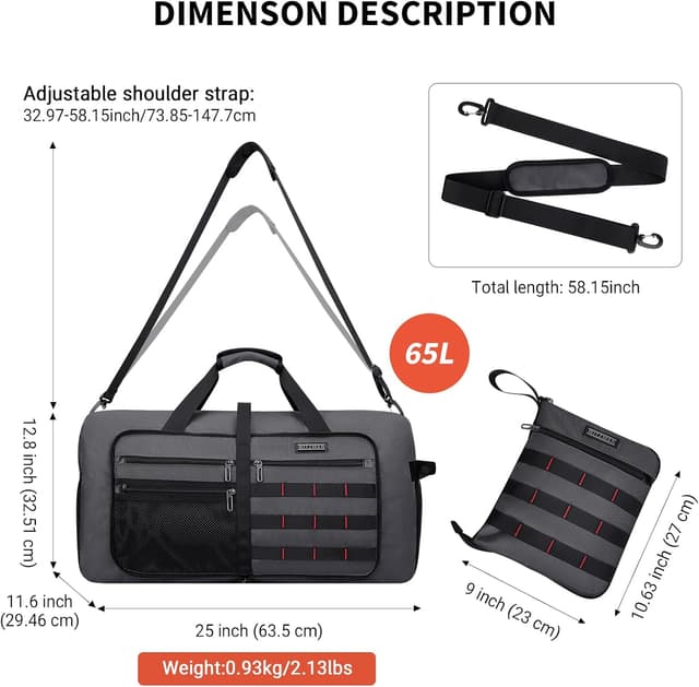 Detalle 2 de WITZMAN Sac de sport pliable 65 L avec compartiment à chaussures – B697 Gris argenté