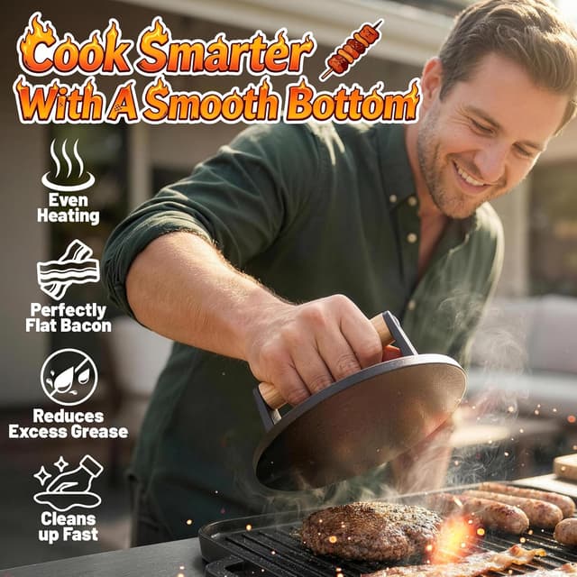 Detalle 2 de Basinel 6.5" Cast Iron Smash Burger Press with Wooden Handle