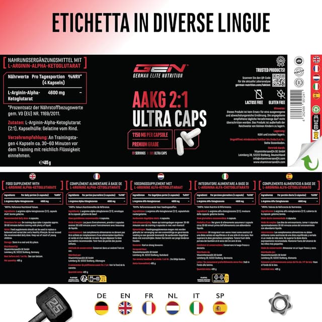 Detalle 2 de AAKG Ultra Caps di GEN German Elite Nutrition: 365 capsule con 1.150 mg di L-arginina alfa-chetoglutarato
