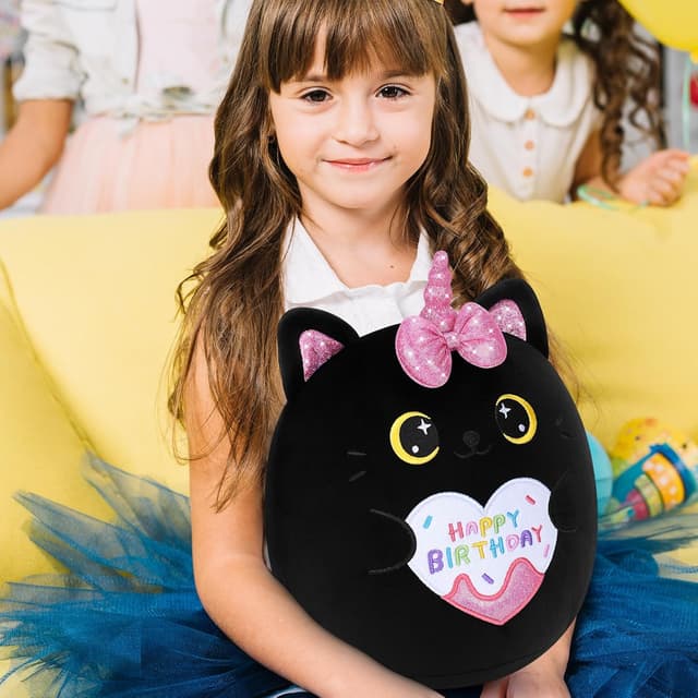 Detalle de 11.6-inch Black Cat Happy Birthday Plush – cuddly kitten hugging pillow toy