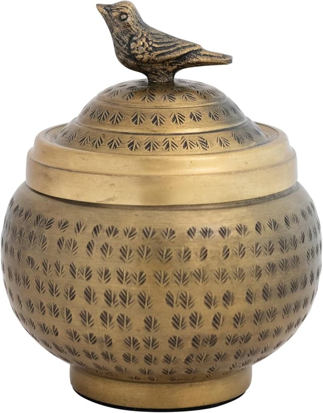 Thumbnail 2 de Round Hammered Metal Container Bird Finial Brass Finish 🏺