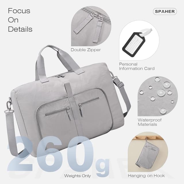 Detalle 2 de SPAHER borsone da viaggio pieghevole 40L (55x35x20 cm) con sacchetto scarpe e beauty case, grigio scuro