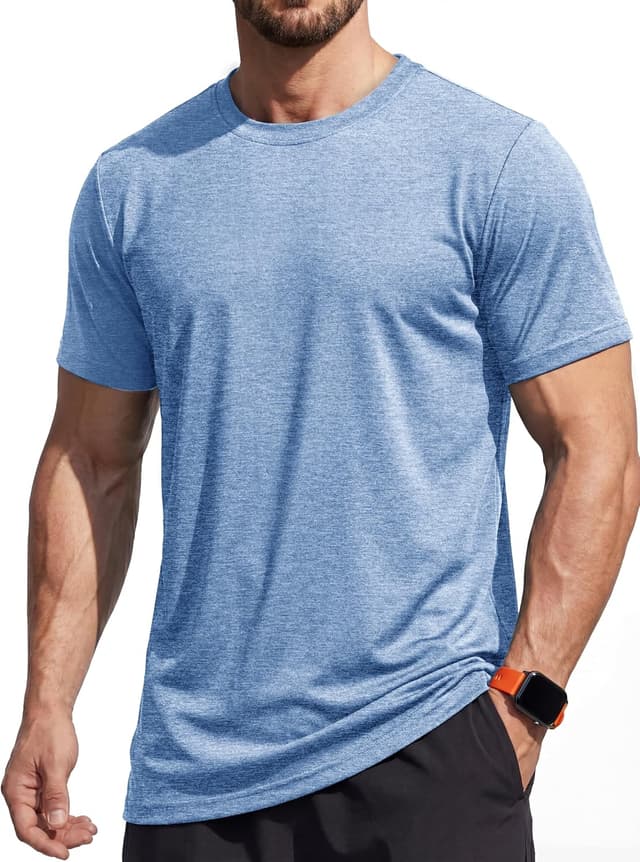 Detalle de MAGCOMSEN Men’s Quick-Dry Running T-Shirts (Heather Grey) — short-sleeve gym & workout tops