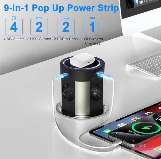 Detalle 2 de Multiprise encastrable 9 en 1 avec 4 prises + 2 USB-C PD 75 W + charge sans fil 15 W (Ø100 mm, câble 1,8 m) – Noir