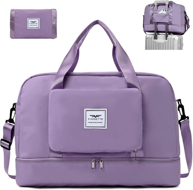 Detalle de FIORETTO Womens Foldable Weekend Bag (45L) with Shoe Compartment and Wet Pocket – Water-resistant travel duffle