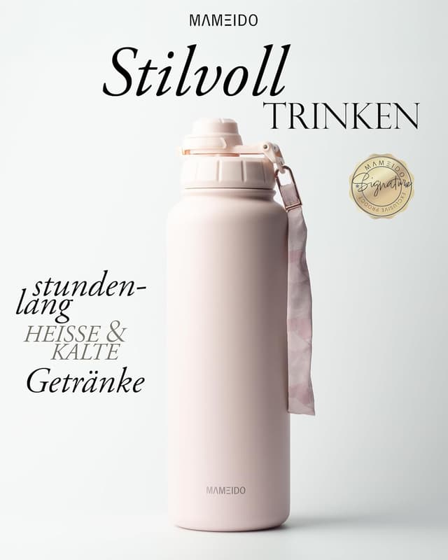 Detalle 2 de MAMEIDO Thermosflasche mit Strohhalm (1,2 l) – auslaufsicher, Edelstahl isoliert, BPA-frei