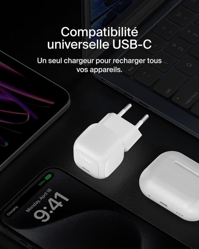 Detalle de Belkin BoostCharge Chargeur USB-C Rapide Cubic 20 W avec USB-C PD 3.1 (Blanc)