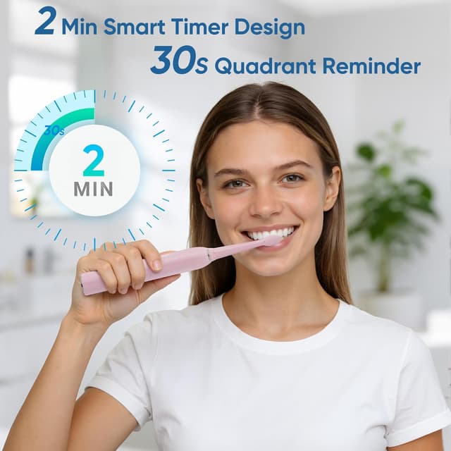 Detalle de Yoomue Sonic Electric Toothbrush for Adults & Kids (Pink) with 5 Modes, 8 Replacement Heads & IPX7