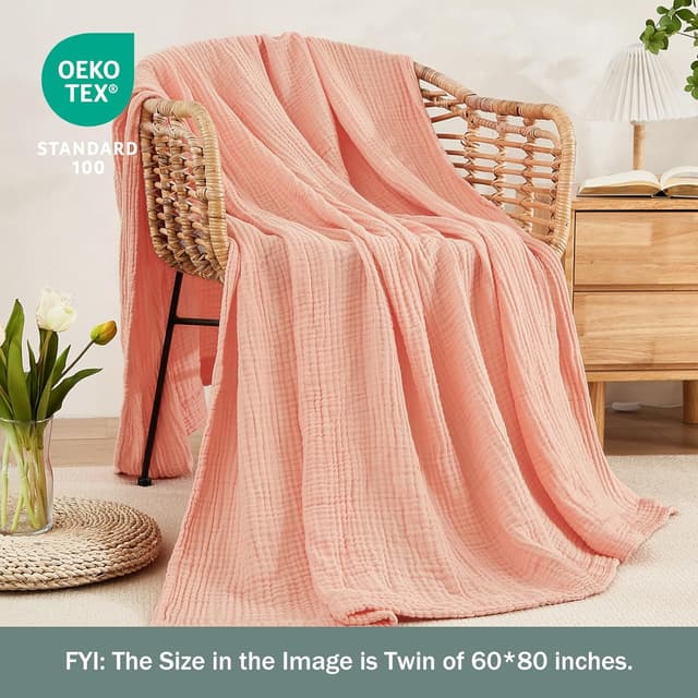 Detalle de EMME Musselin-Decke für Erwachsene (100% Baumwolle) 230 x 230 cm – rosa, 4-lagig, vorgewaschen