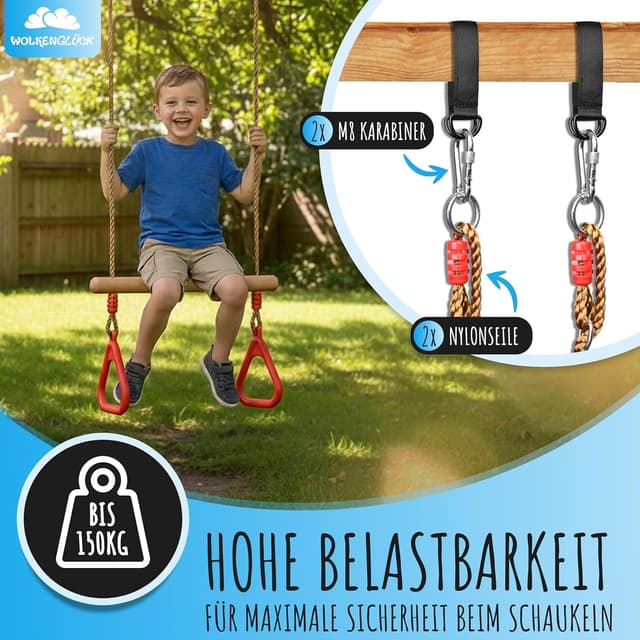 Detalle de WOLKENGLÜCK Trapez Schaukel für Kinder (2-in-1) mit Holztrapez und 2 Turnringen – höhenverstellbar 120 bis 150 cm, bis 150 kg