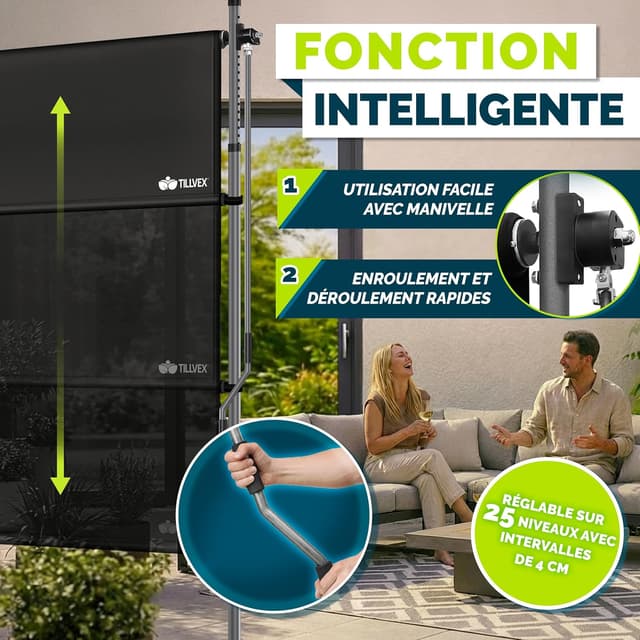 Detalle de Store vertical tillvex 120 x 310 cm noir avec manivelle, sans perçage