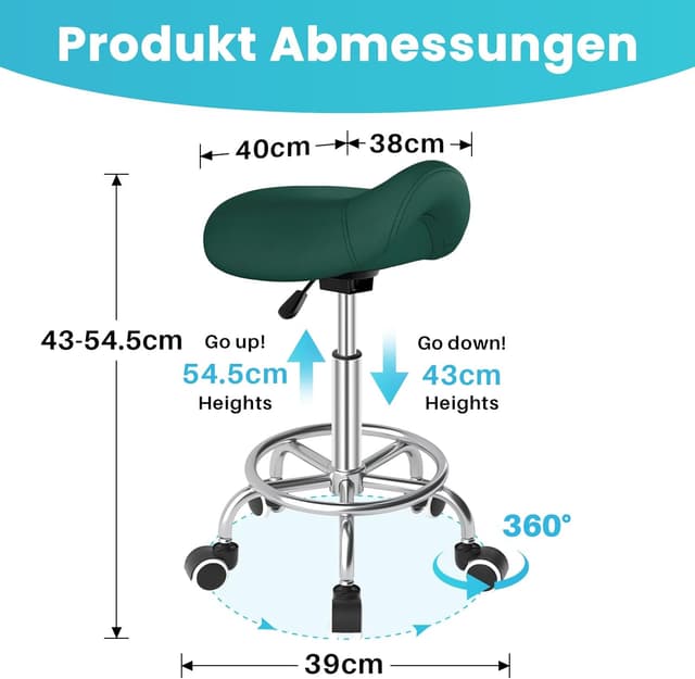 Detalle 2 de Sattelhocker Ergonomisch mit Rollen & Ringpedal – drehbarer, höhenverstellbarer Sattelstuhl (Grün)