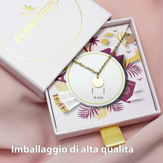 Detalle 2 de BONNYBIRD BonnyCoin collana estiva donna in acciaio inox argento, oro e oro rosa regolabile 38–44 cm, impermeabile e senza nichel