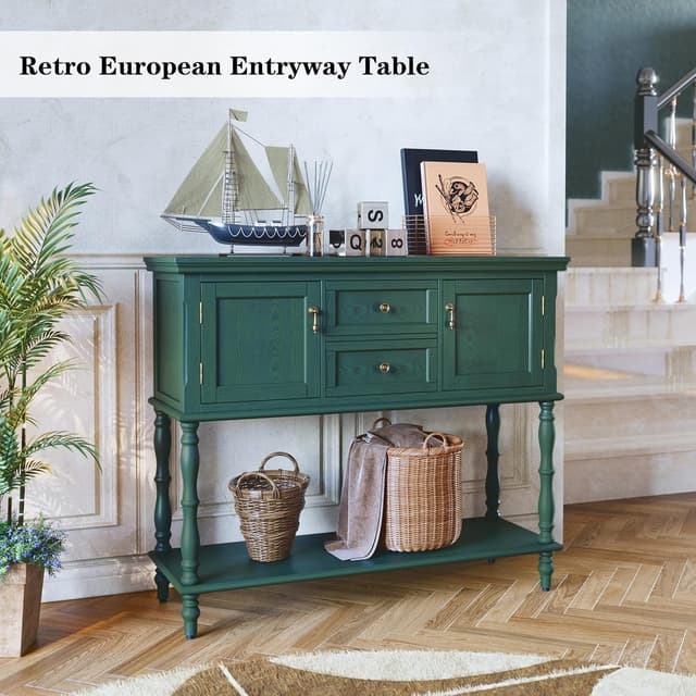 Detalle de MROJISC Tavolo consolle con cassetti e armadietto in legno verde, stile retro e neoclassico