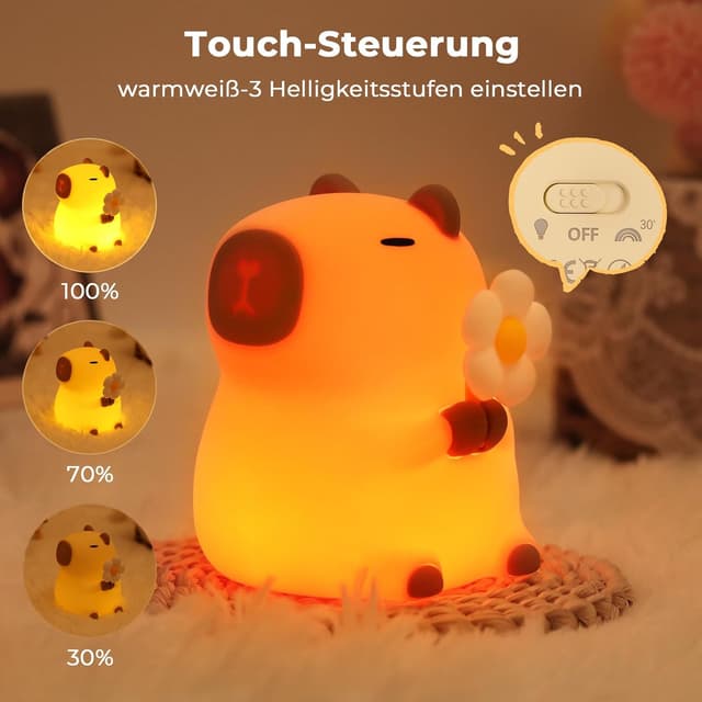 Detalle de JVURICE® Capybara Silikon-Nachtlicht für Kinder, dimmbar, Touch & wiederaufladbar per USB‑C