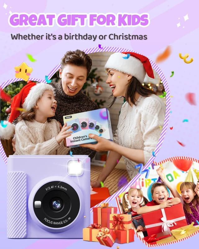 Detalle de TIATUA Kids Instant Print Camera (Purple) — 1080P HD Video + Instant Black-and-White Prints for Ages 3–14