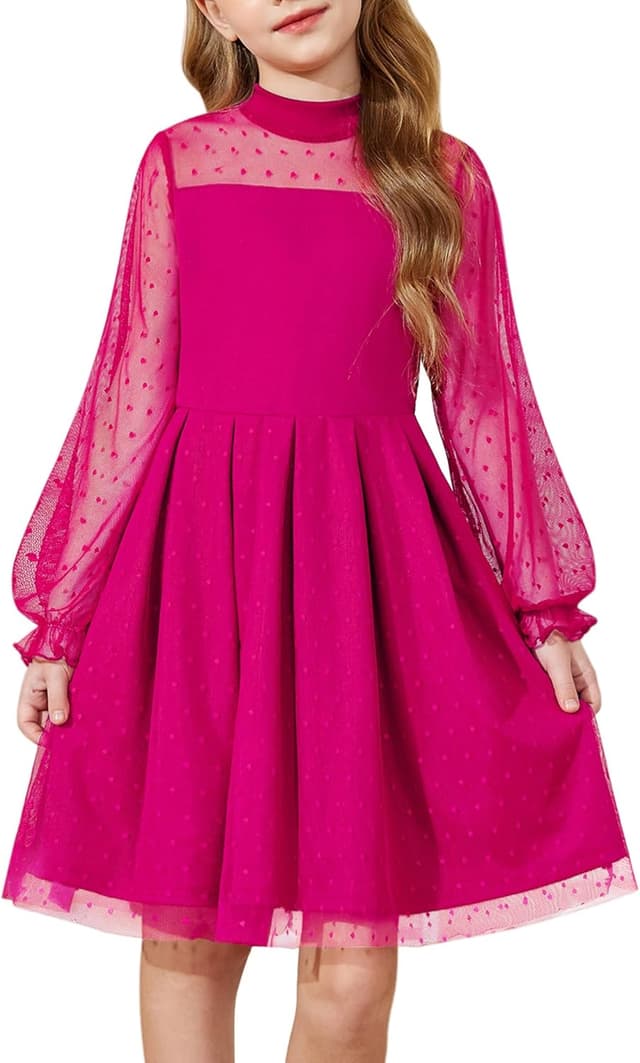 Detalle de Arshiner Girls Contrast Mesh Puff Long Sleeve Mock Neck Formal Tulle A-Line Dress