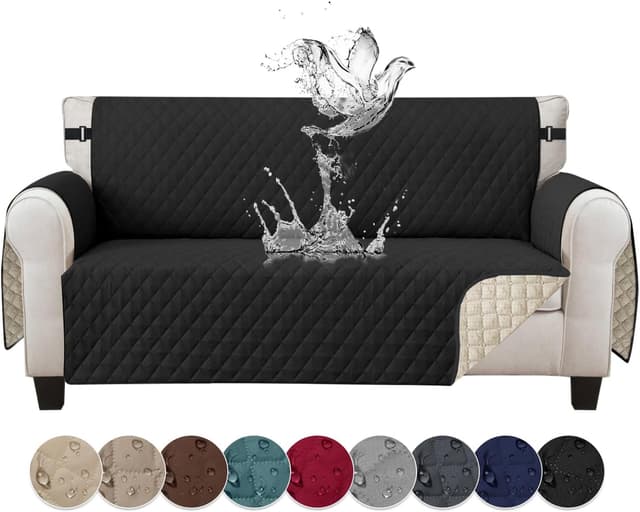 Imagen de Jaotto Copridivano impermeabile trapuntato 3 posti con braccioli e tasche laterali, nero en OfertitasTOP