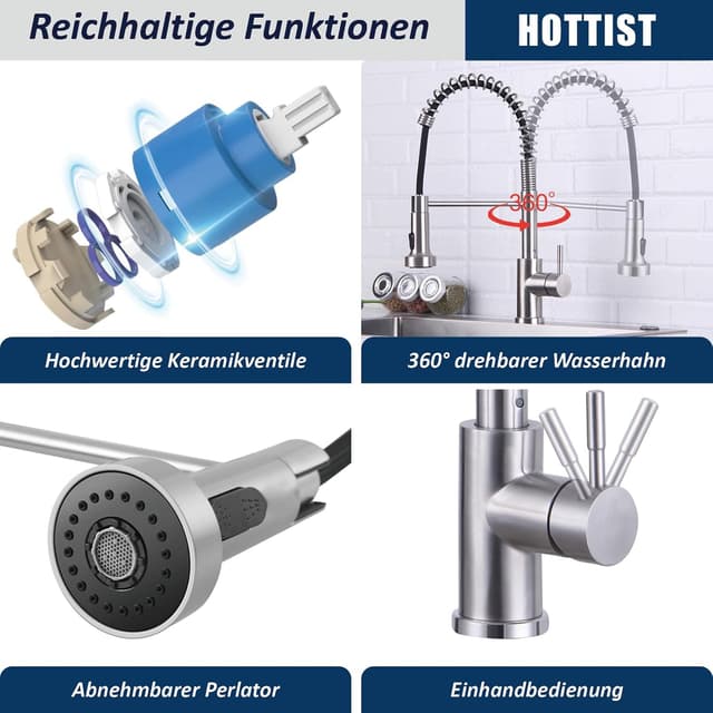Detalle de HOTTIST Wasserhahn Küche mit Brause, 2 Modi und 360° Drehfunktion aus Edelstahl 304