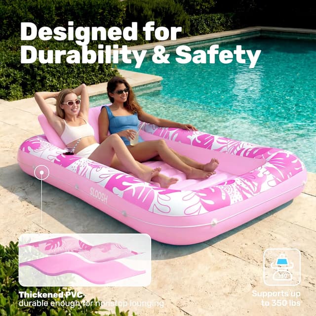 Detalle de SLOOSH Inflatable Tanning Pool Lounger Float (85" x 57") for Adults, Extra Large Sunbathing Raft with Removable Pillow, 4-in-1 Design, Blushing Pink