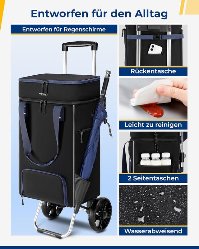 Detalle 2 de Ytonet Einkaufstrolley klappbar mit Kühlfach (3 Fächer, 55 Liter, bis 68 kg) – Shopping Trolley & Tasche, schwarz